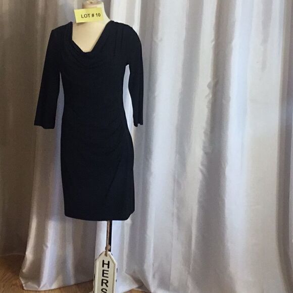 Black 3/4 sleeve dress w/ cowl neck, side pleats - Picture 1 of 12